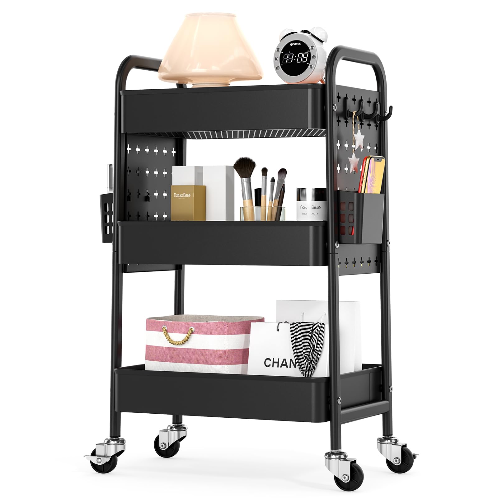 KINGRACK 4-Tier Narrow Kitchen Trolley with Wheels, Wooden Top  Sliding Baskets, Metal Rolling Cart for Tight Spaces in Kitchen, Bathroom, Dorm  Bedroom, Black