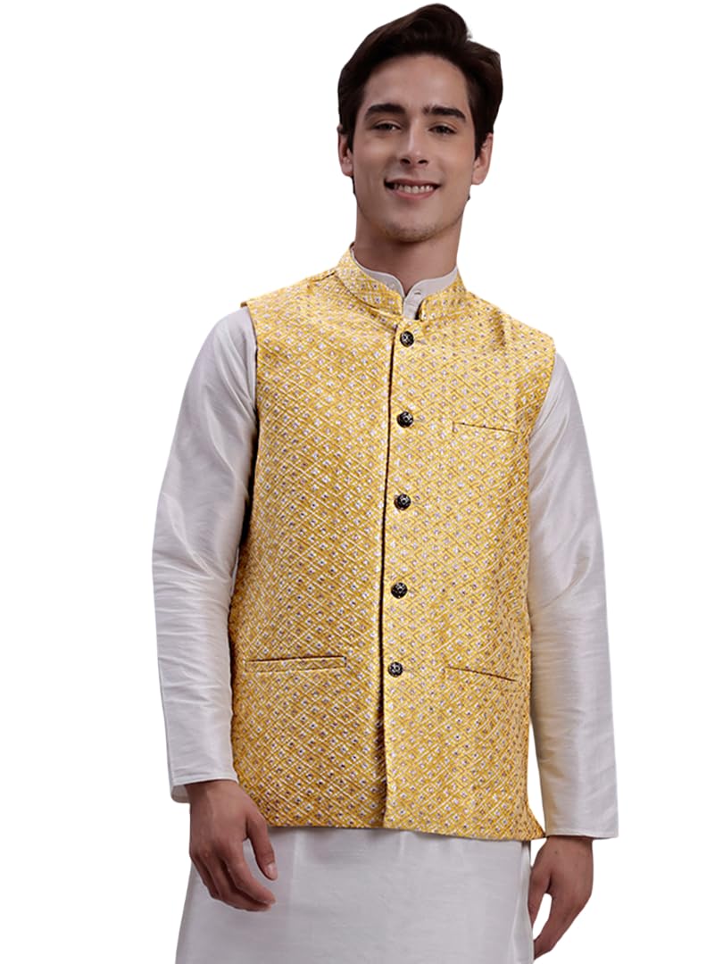 jompers Men's Golden Woven Design Nehru Jacket With Solid Kurta Pyjama-picture-21
