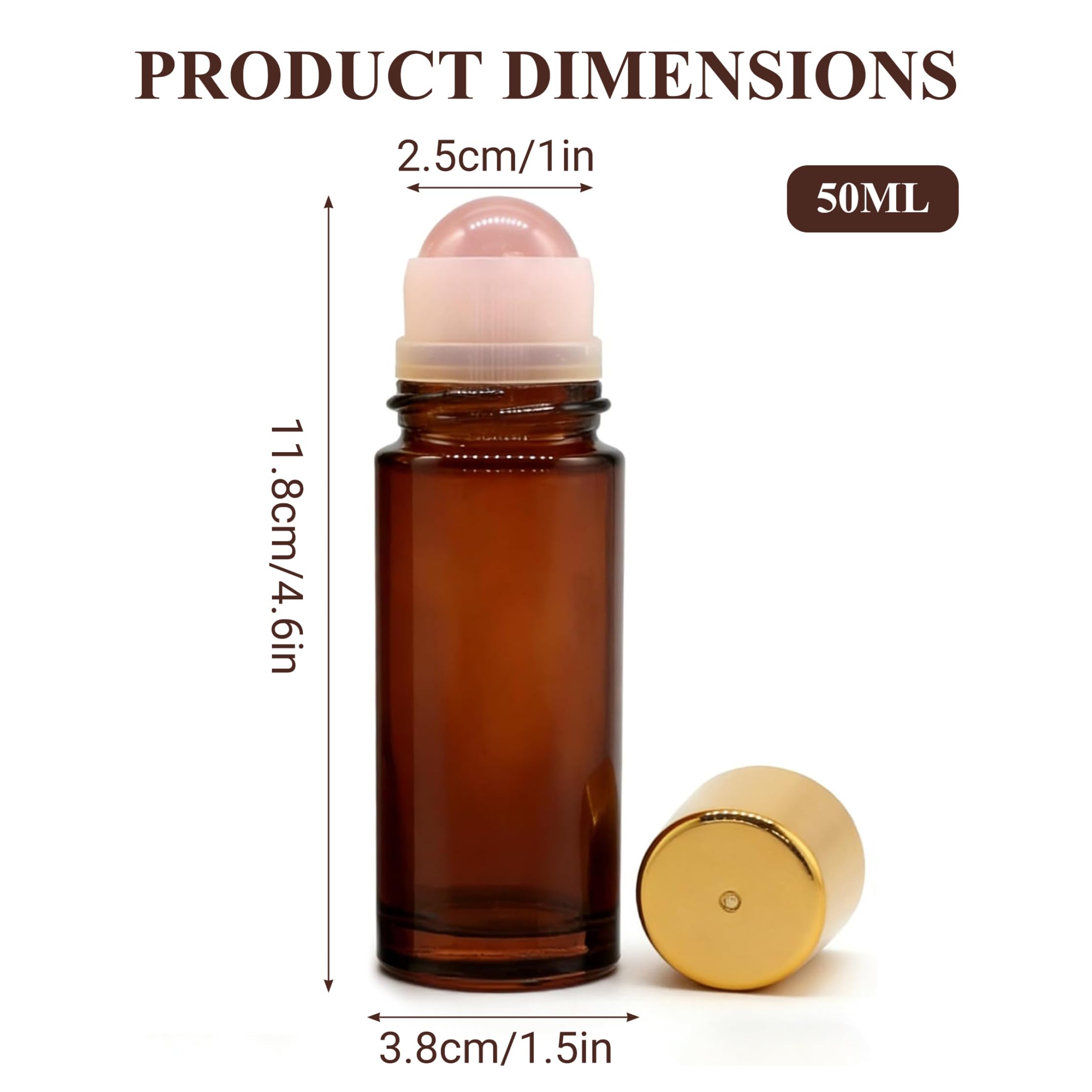 Botella enrollable de cuarzo rosa, botella enrollable de vidrio recargable de 2 piezas para aceites esenciales, botellas enrollables de vidrio marrón de 50 ml con tapa de metal, Rollerball