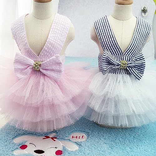 Miniatura 9 de Vestidos para perros, ropa de moda para mascotas, vestidos de princesa de malla a rayas (rosa, S)