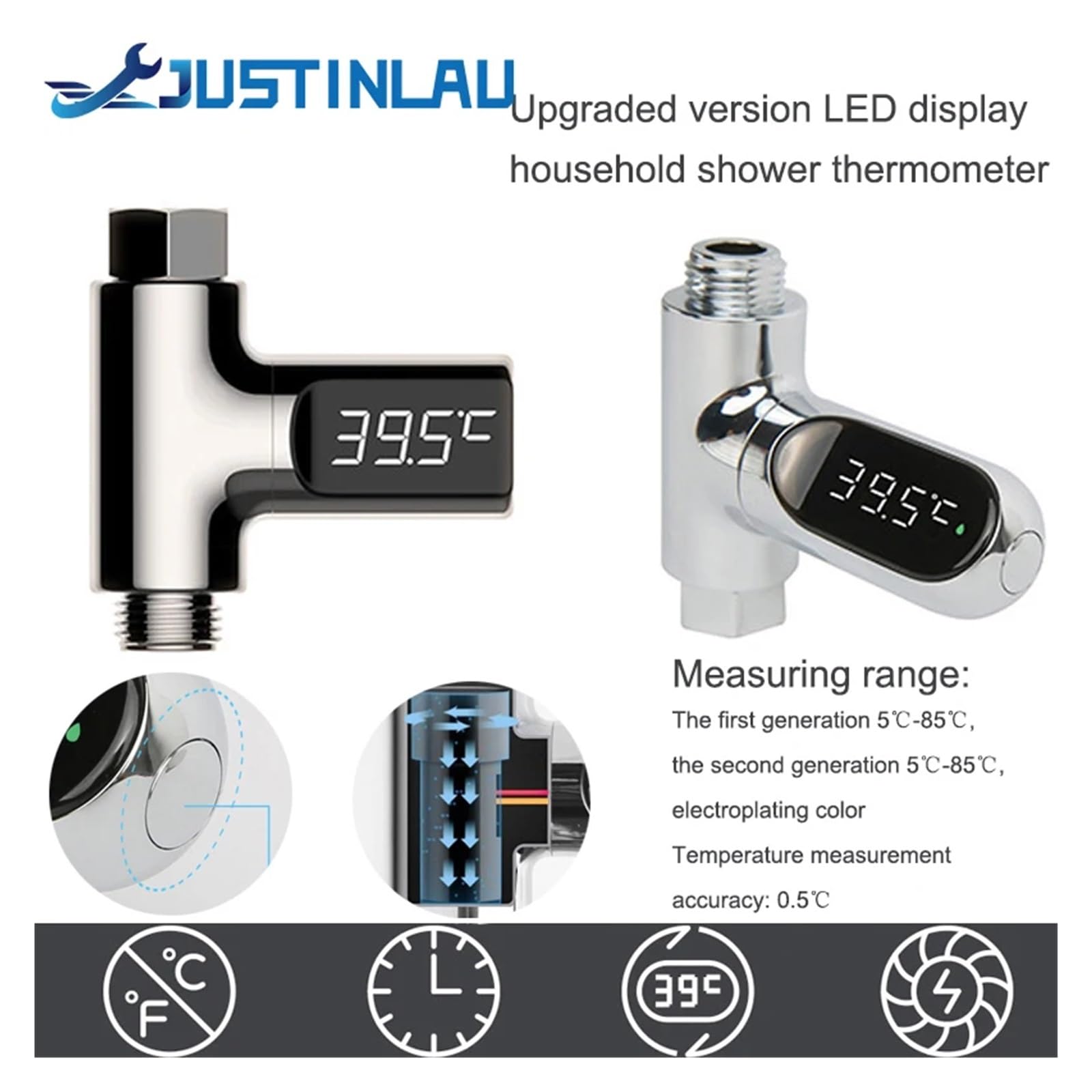 Jevina Termometro Doccia LED Con Generatore A Flusso - Misuratore Temperatura Acqua Autoalimentato Per Bebè E Famiglia - 5