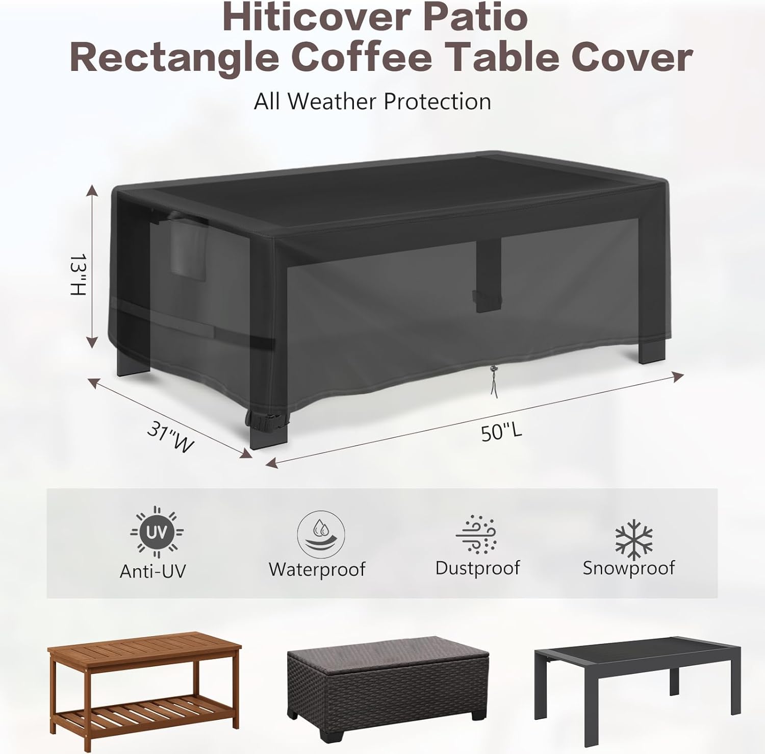 Outdoor Coffee Table Cover Rectangle, 50 Inch Waterproof Patio Rectangular Coffee Table Cover, Outdoor Furniture Covers for Winter, Rainproof Fade Resistant - 50 x 31 x 13 Inch