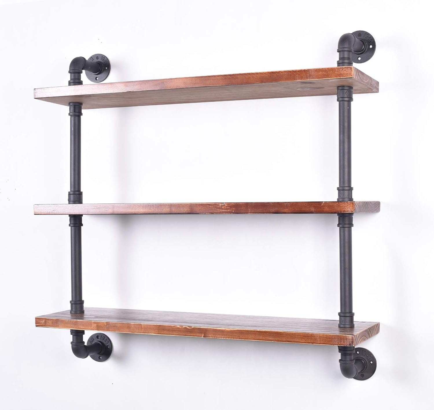 Diwhy Industrial Pipe Shelving Bookshelf Rustic Modern Wood Ladder Storage Shelf 3 Tiers Retro Wall Mount Pipe Design DIY Shelving (Black, L 36")