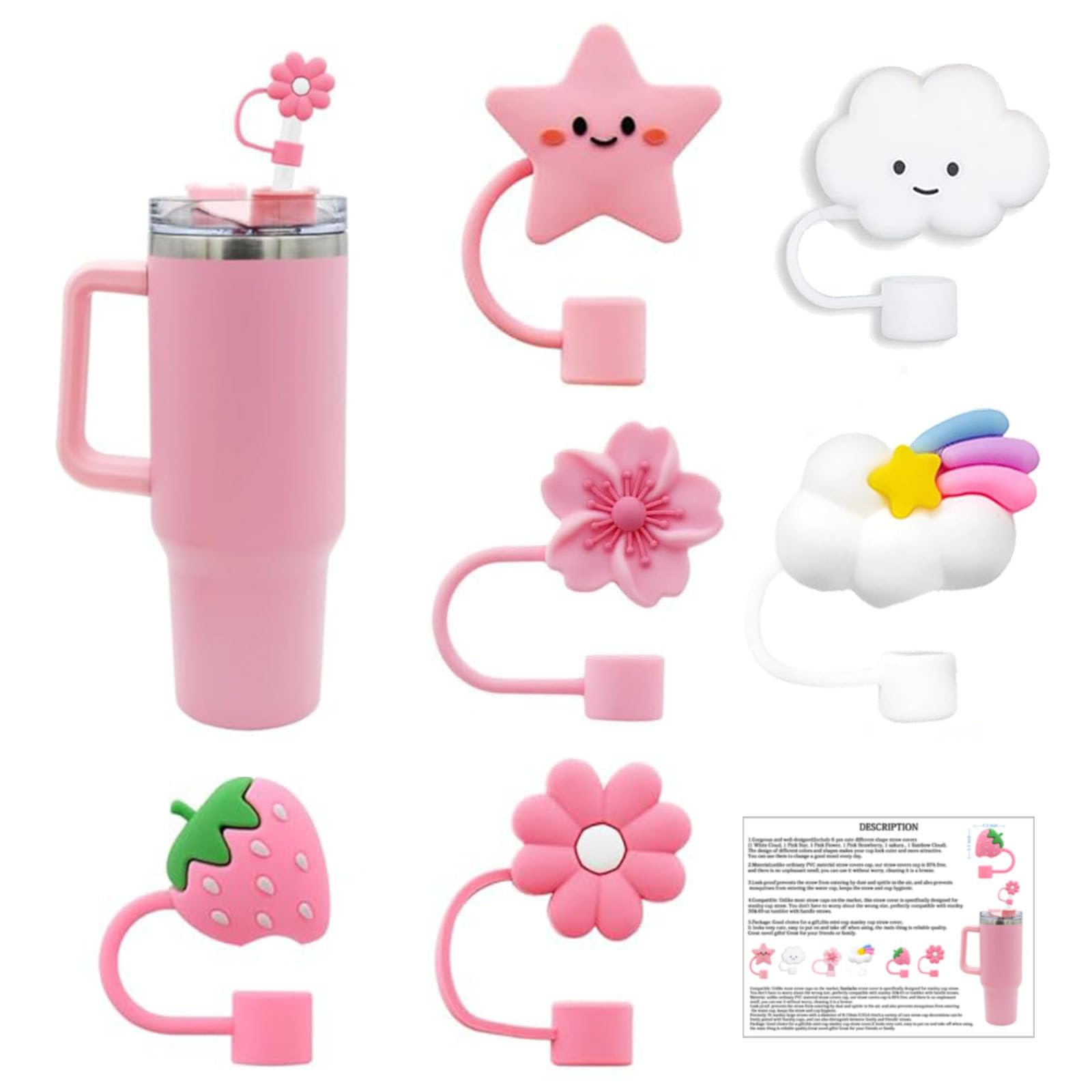 Sumlache 6 pcs Straw Covers Cap Toppers Compatible with Stanley 30&40 oz Tumbler Cups,Reusable Cute Silicone Straw Tips Lids Protectors for 0.4 in/10mm Stanley Cups Straws Accessories