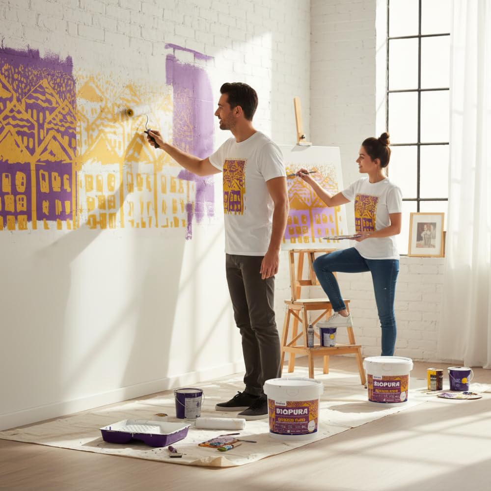 Kit Pittura Murale Quarzo Puro 5L con T-Shirt Smiling Houses, Bianco, Finitura Opaca, Cotone, Taglie S-M-L-XL, Design Pop Art (M)