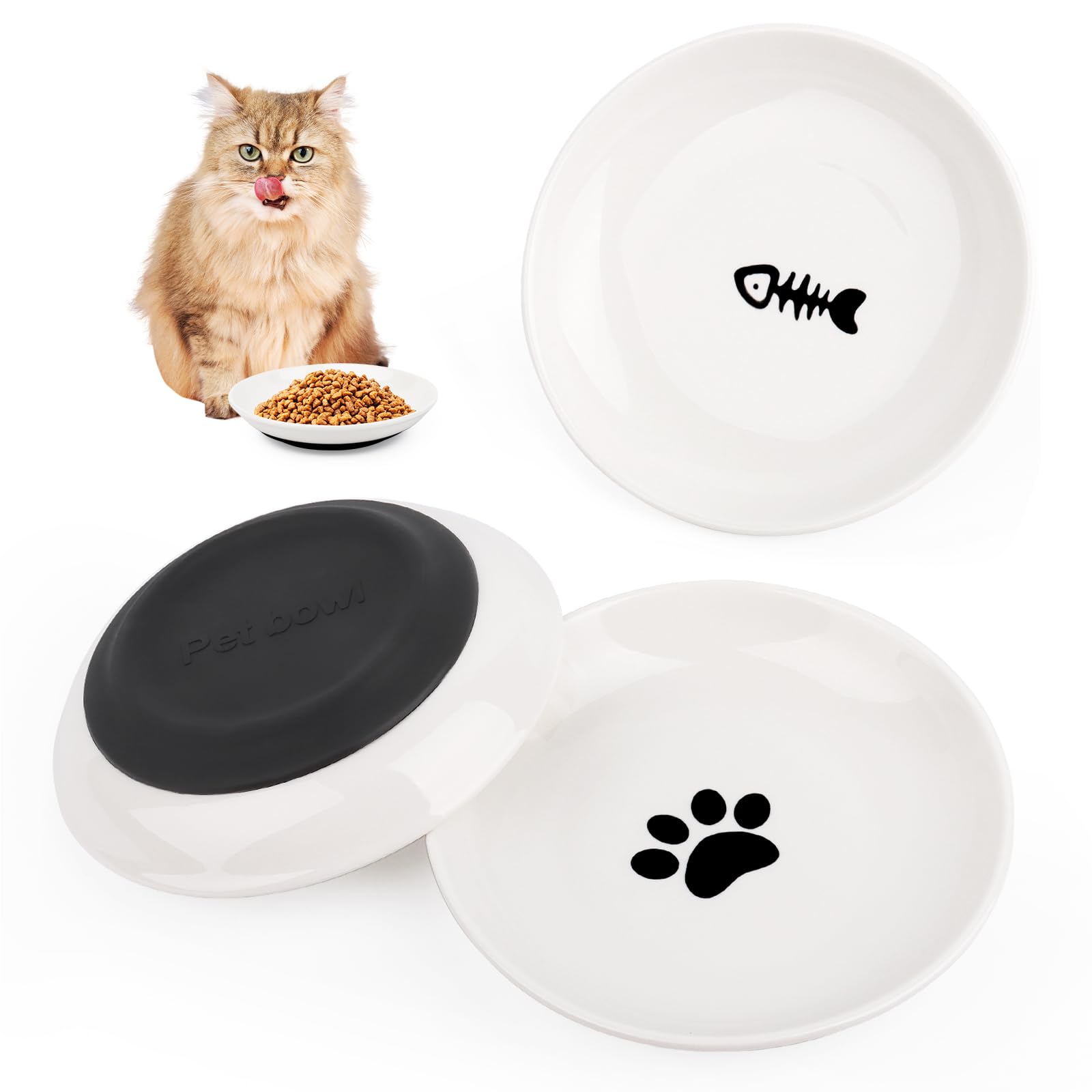 Set di 3 ciotole per gatti, in ceramica, con fondo in silicone antiscivolo, per gatti, piatta, allevia l'affaticamento dei baffi, per cibo e acqua, per gatti