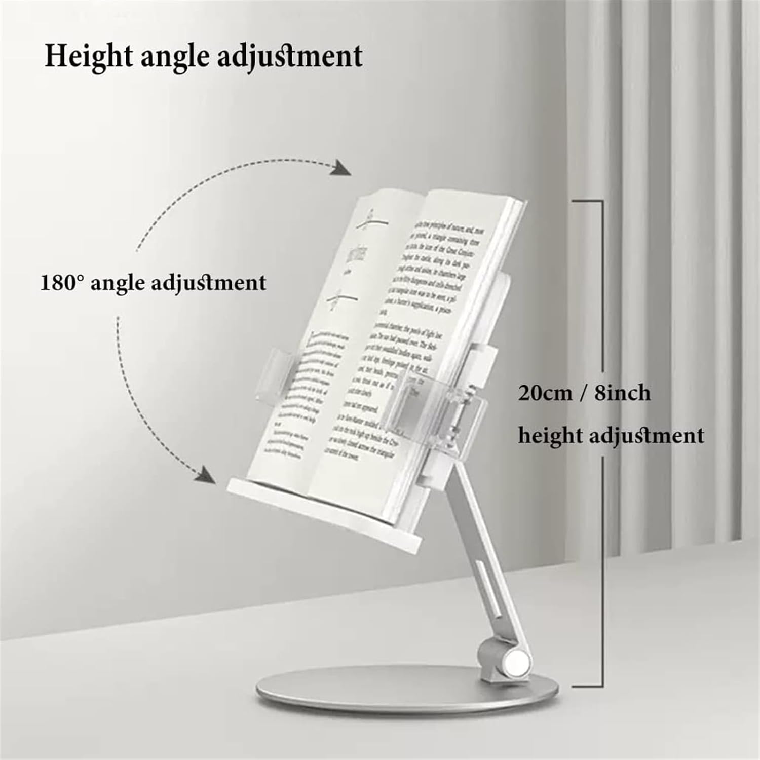 360° Rotate Bottom Book Holder, Book Stand for Reading, Reading Rack Adjustable Laptop Stand for Desk, Cookbook Holder Stand for Kitchen, Office (Silver) (Silver)