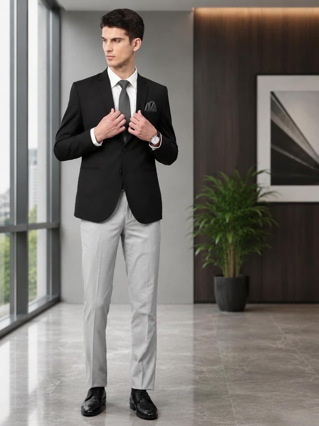 MANQ Men's Slim Fit Single Breasted Blazer for Men, Notched Lapel, Formal Business, Office, Party, Black, Size 44