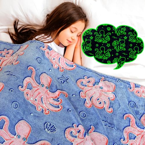 Image of Octopus Twin Blanket for Couch Bed, Large Soft Warm Ocean Blanket for Adults Kids, Blue Sea Animal Twin Size Fleece Throw for Bedroom Home Decor 60 inchx80 inch
