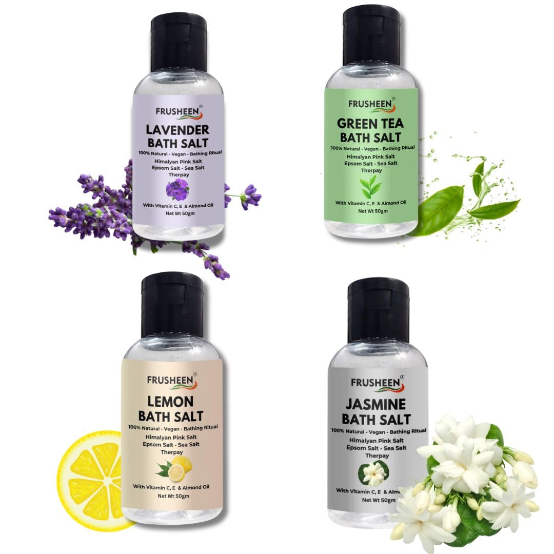 Frusheen Natural Bath Salt Gift Aroma Crystals Lavender, Green Tea, Lemon, Jasmine Relaxation | Foot Massage, Colour Free Epsom, Sea, Himalayan Pink Salt, Combo Pack, 4 x 50g,-image-49