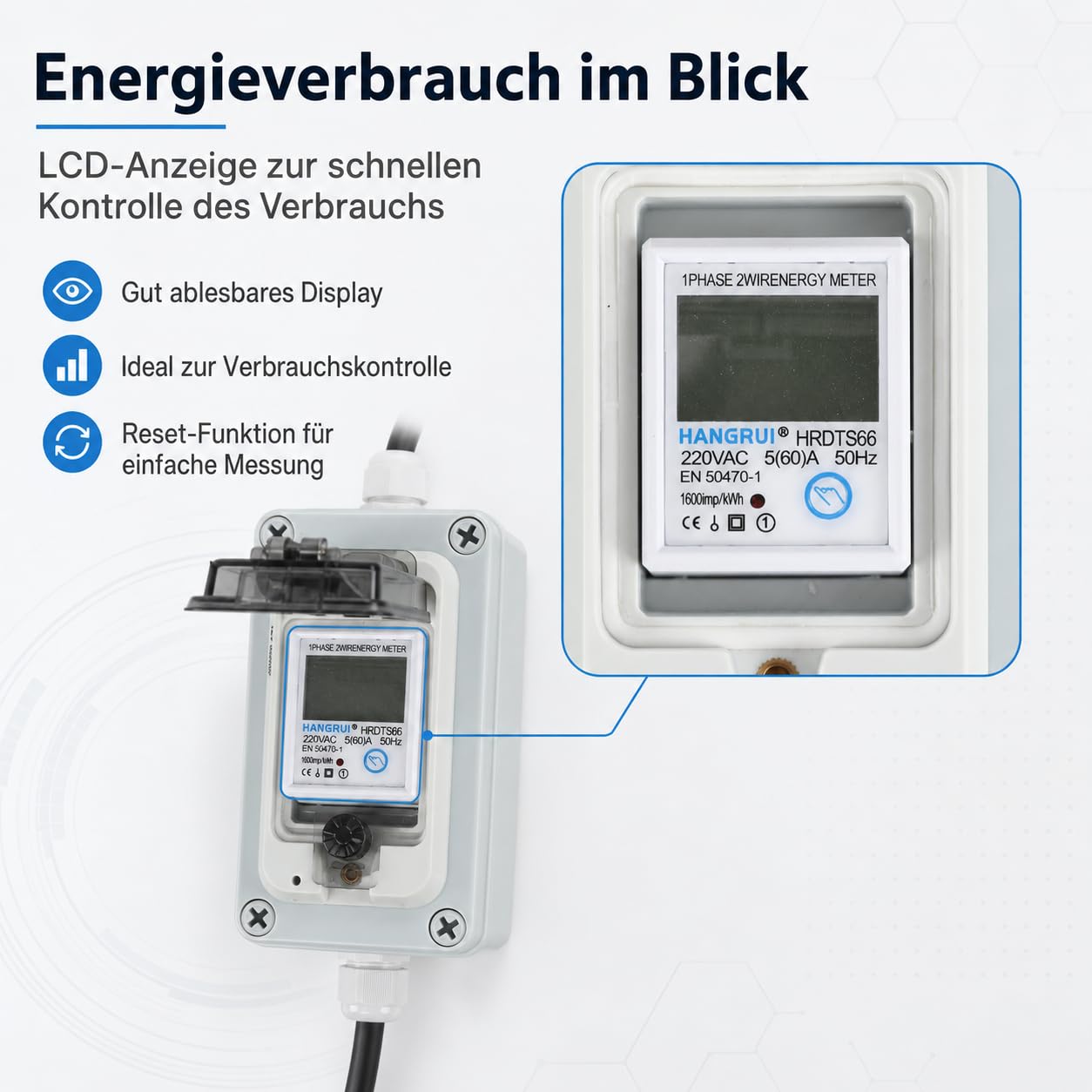 Contador de electricidad móvil de 230 V, IP67, con 2 cables de 1,5 m | Pantalla LCD con función de memoria y botón de reinicio para medición móvil