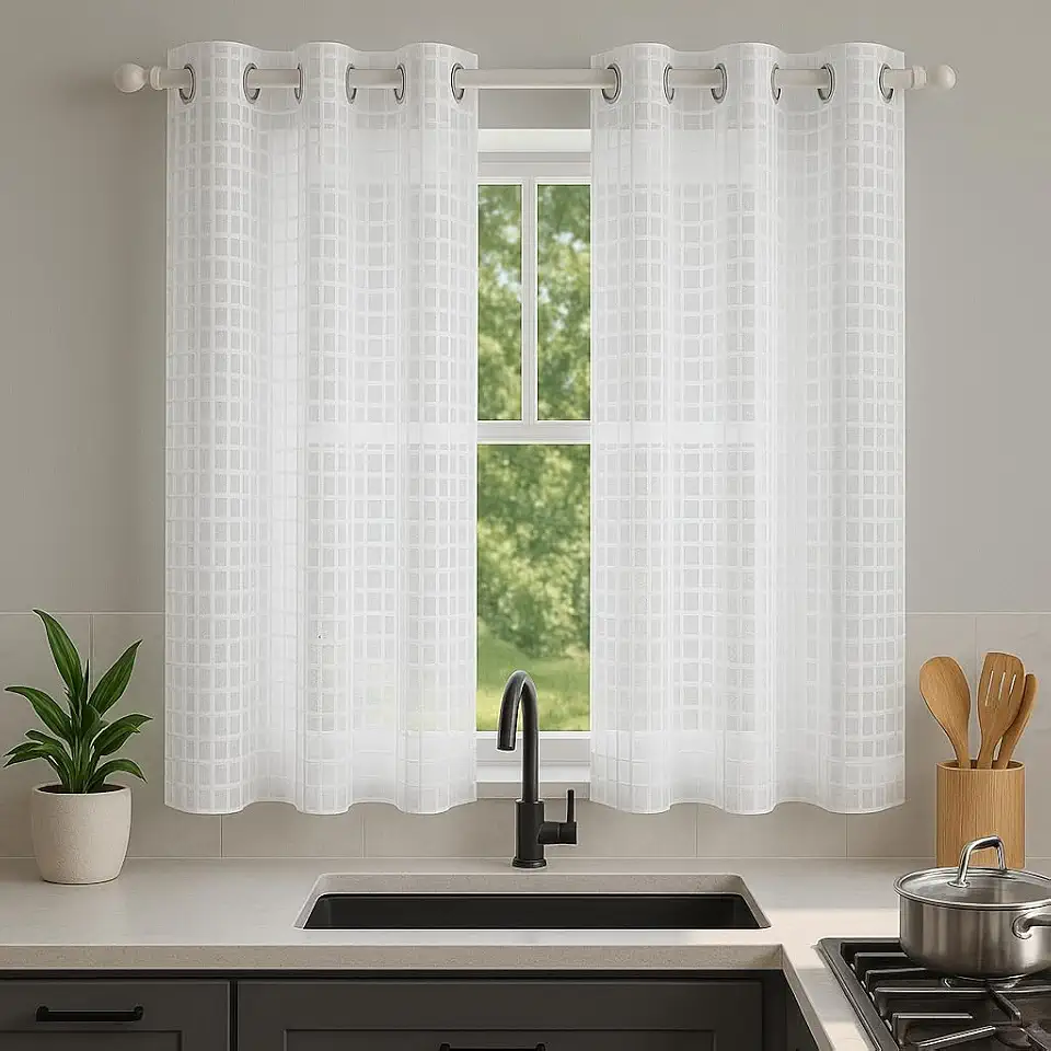 Cortina Voil Xadrez para Cozinha, Branca, 2,20 x 1,40 m, com Ilhós Cromado