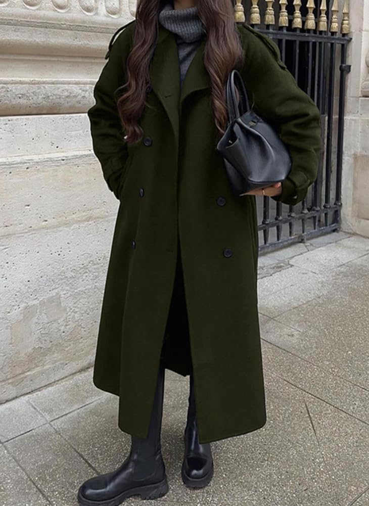 chouyatou Women's Winter Double Breasted Wool Coat Long Sleeve Notch Lapel Midi Long Winter Trench Coat with Belt - Image 2