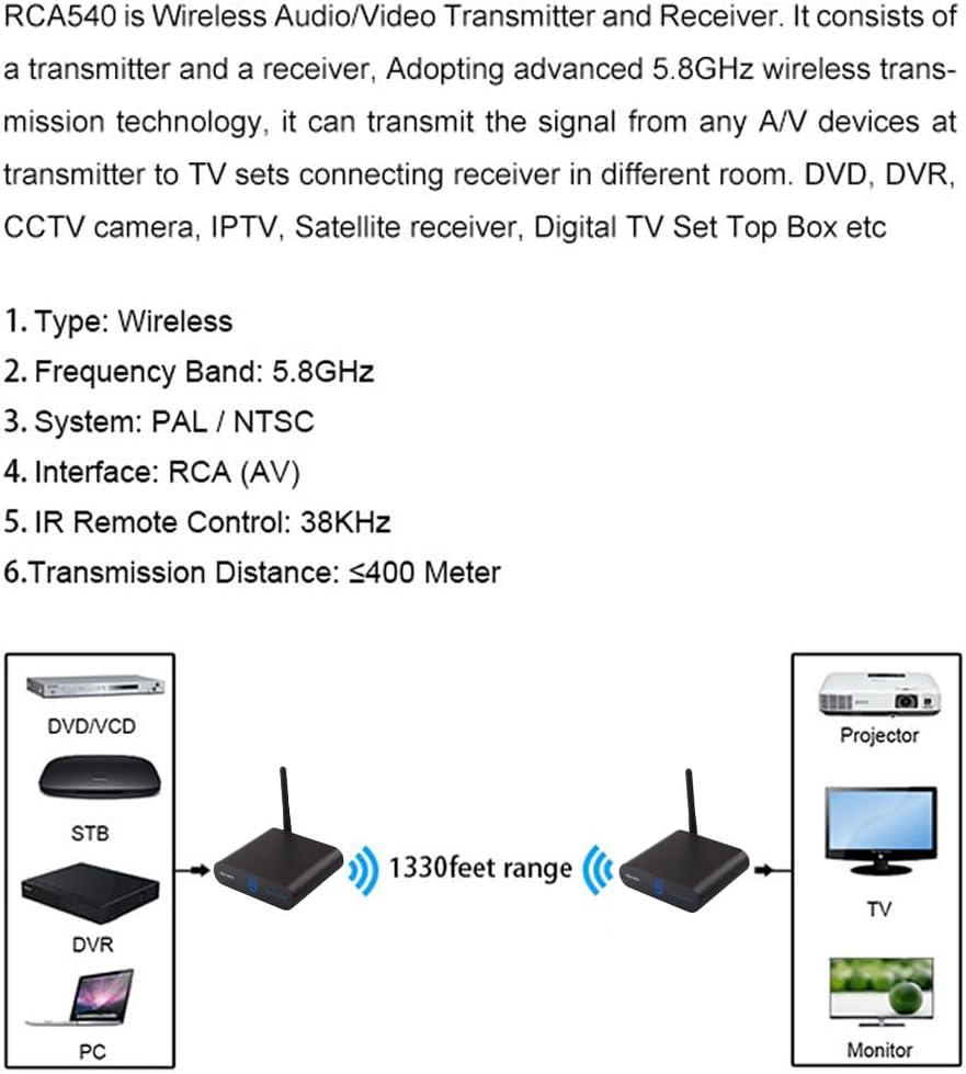 AV540 5.8G Wireless AV Transmitter Receiver Audio Video TV AV Signal Sender Receiver with IR Romote 400M /1330FT
