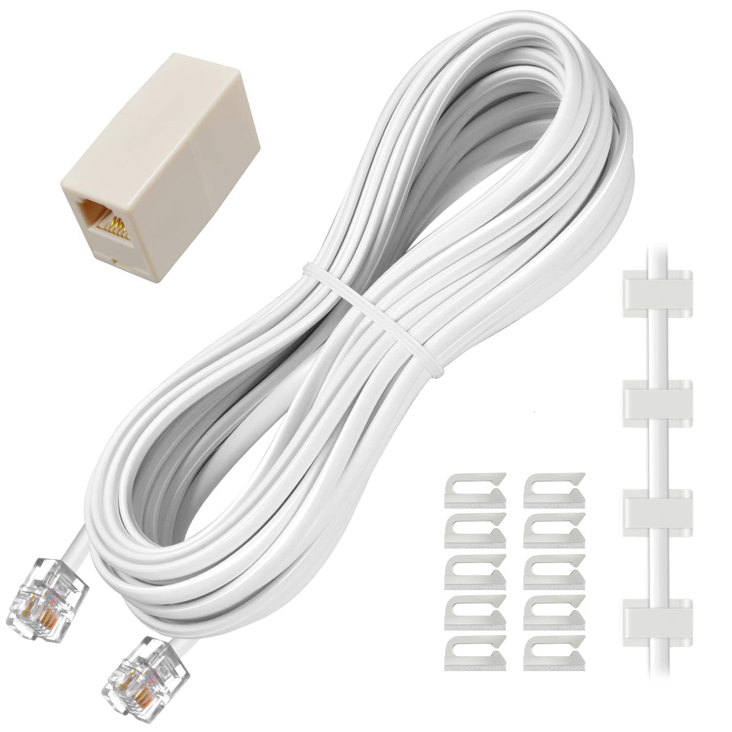 SensaBliss 電話線 10m モジュラーケーブル RJ11 6P4C 6極4芯 純銅線コア 電話延長ケーブル オステレホンケーブル インラインカプラー 中継延長アダプタ付き ケーブルクリップ 10 個付属 電話/ファクシミリ/モデム/応答機対応 （ホワイト）