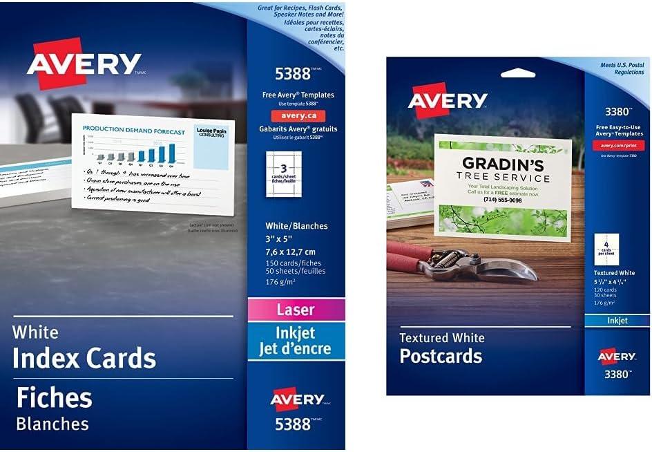 Avery Printable Index Cards (5388) and Postcards (3380