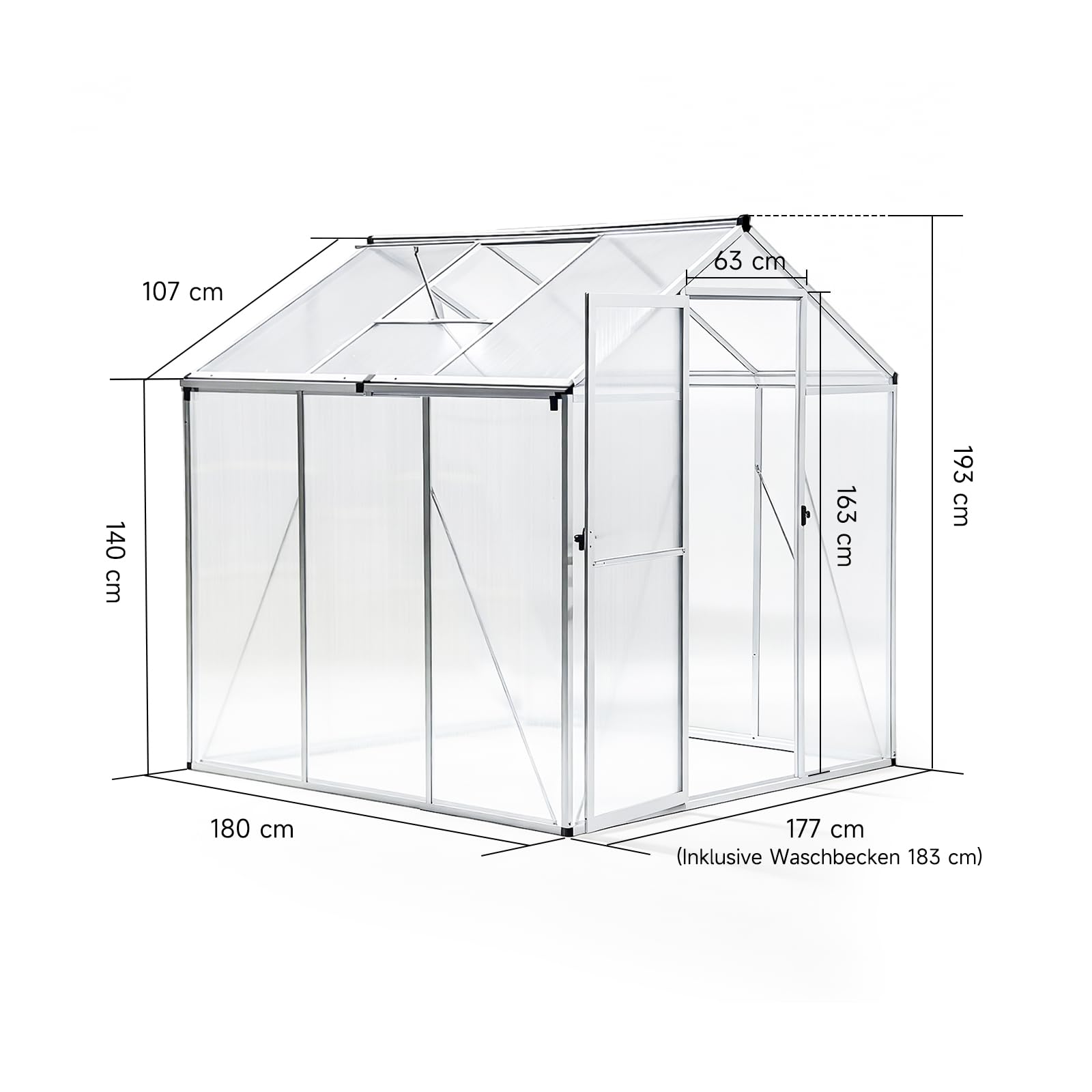 Gewächshaus mit Fundament – Aluminium Treibhaus mit PC-Platten, Anlehngewächshaus für Garten & Balkon, Gewächshaus Restposten, Gartengewächshäuser für Tomatenhaus & Pflanzen (177x181x193cm)