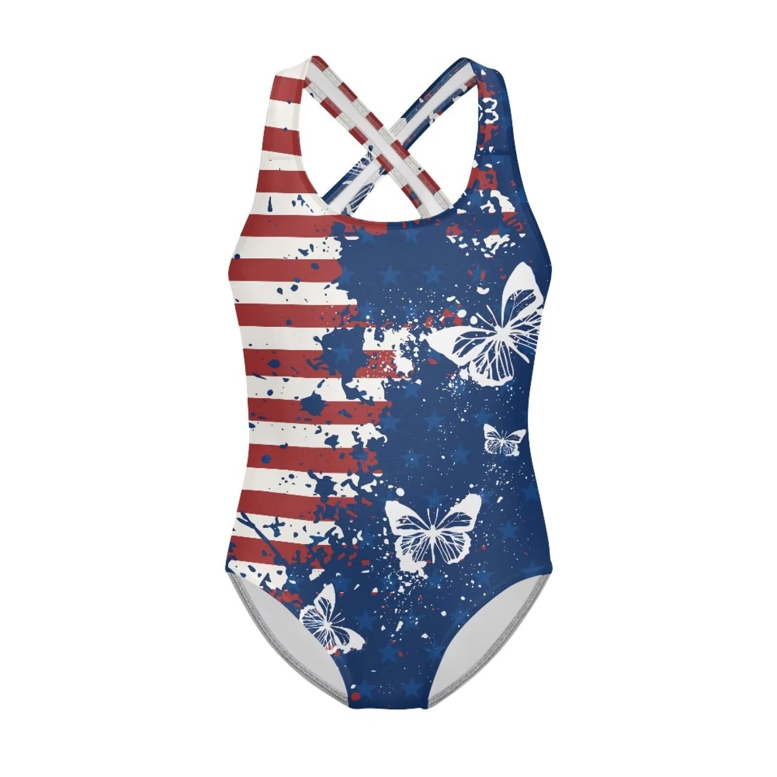 JUDENTIDOS Girls One Piece Swimsuit Cute American Flag Butterfly Swimwear Size 5 to 14 Years Summer Cross Back Straps Bathing Suit Gymnastics Leotards