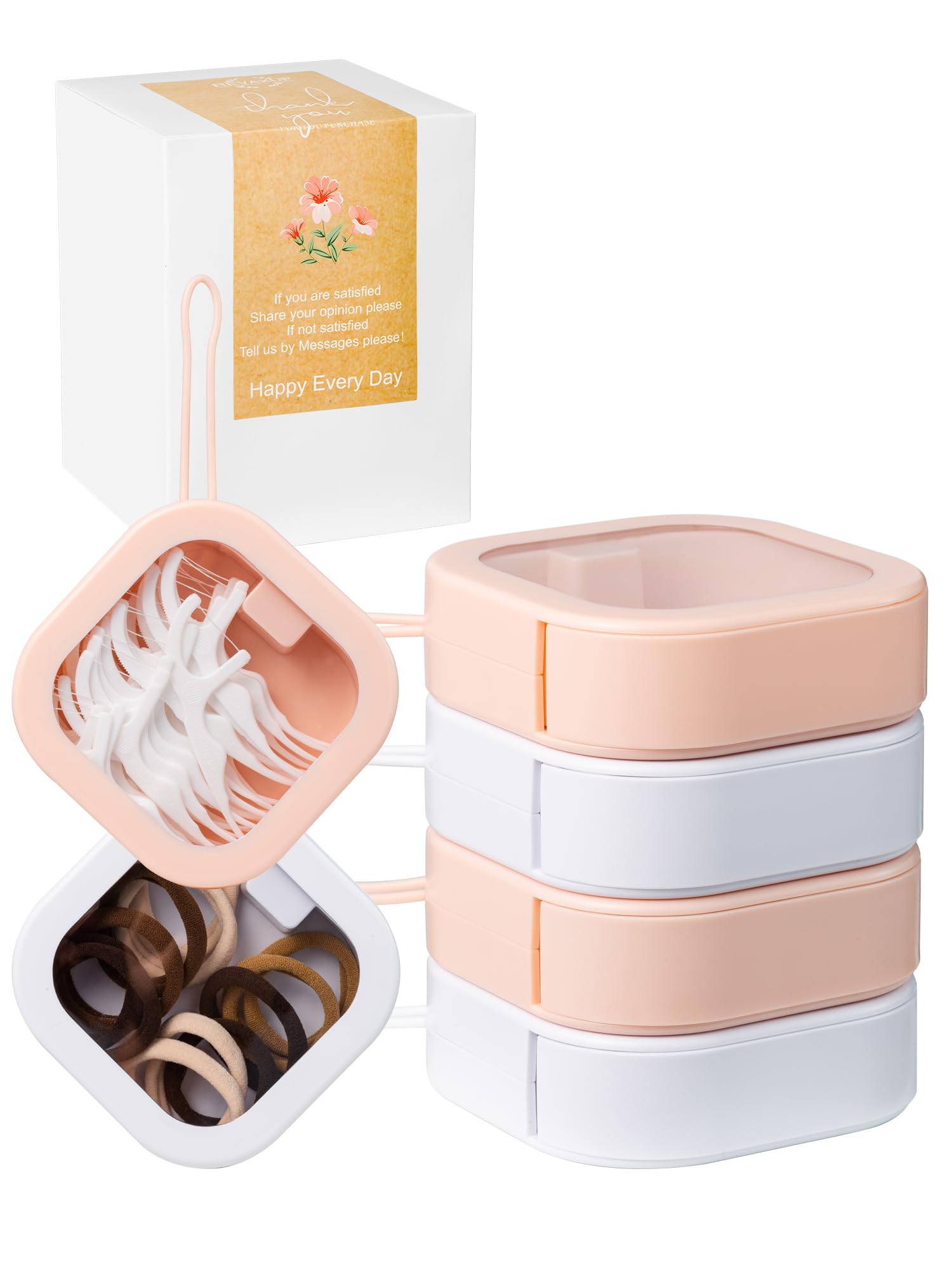 REVAXUP 4pcs Hair Tie Organizer,Lightweight Hair Tie Holder Organizer for Girls,Portable travel Storage Box for hair clips,qtips,Earrings,floss,Best for Commute, Date&Travel(pink&white)