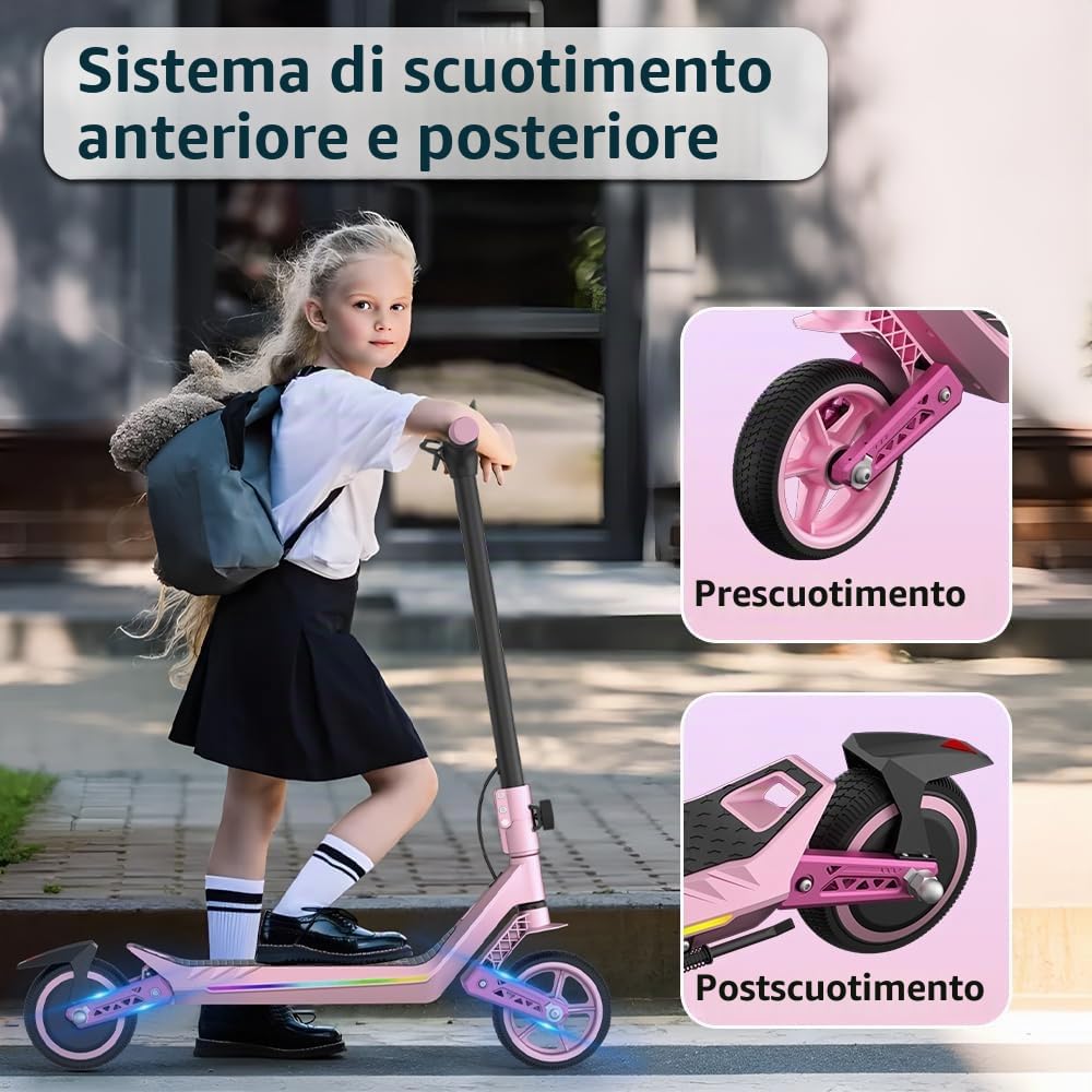 Monopattino Elettrico per Ragazzi U8 Fuoristrada - Doppia Sospensione - 16km/h Max, 10km Autonomia - Pieghevole e Leggero (6.7kg) - Motore 110W - Per Bambini 8-16 Anni (Rosa)