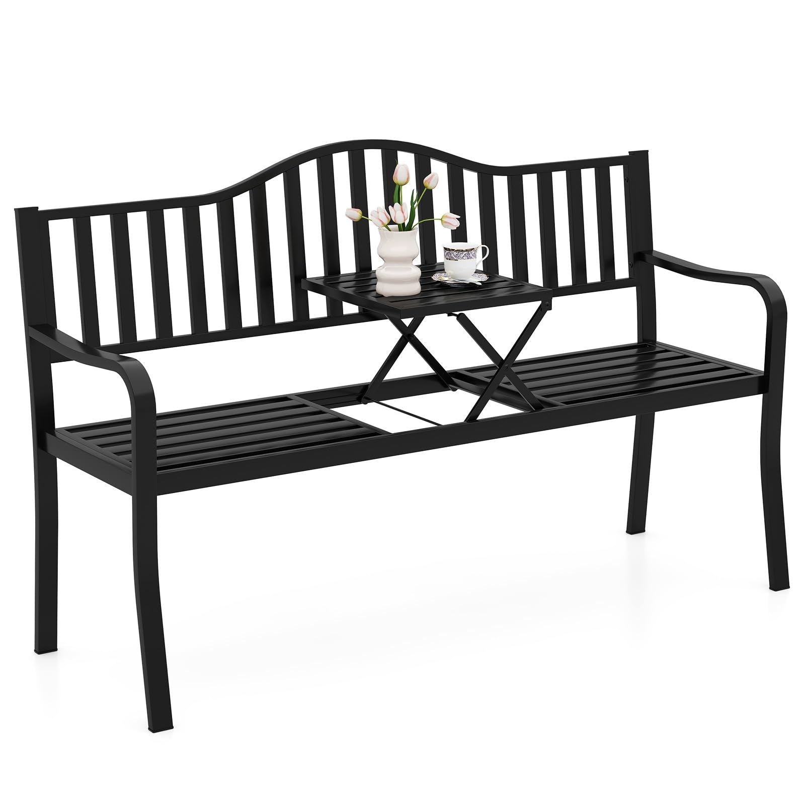 60” Metal Outdoor Garden Park Bench, Heavy-Duty Patio Loveseat Armchair with Pull-Out Center Table, 2-3 Person Park-Style Chair for Backyard, Garden, Balcony, 660 lbs Max Load