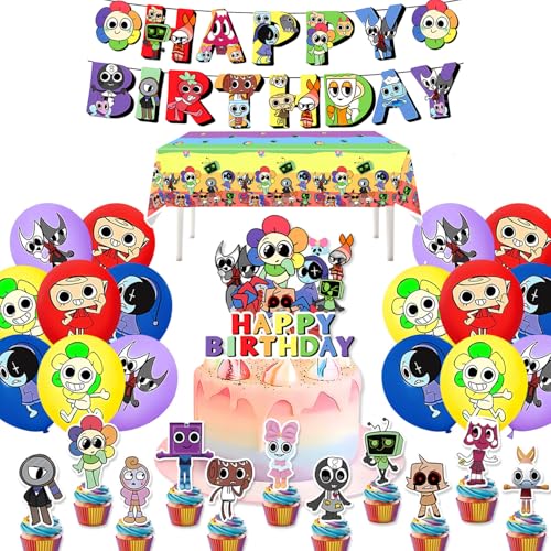 Dandys World Birthday Party Decorations | Includes Happy Birthday Banner Cake Cupcake Toppers Tablecloth Baloons | Cartoon Birthday Party Supplies for Adults and Kids