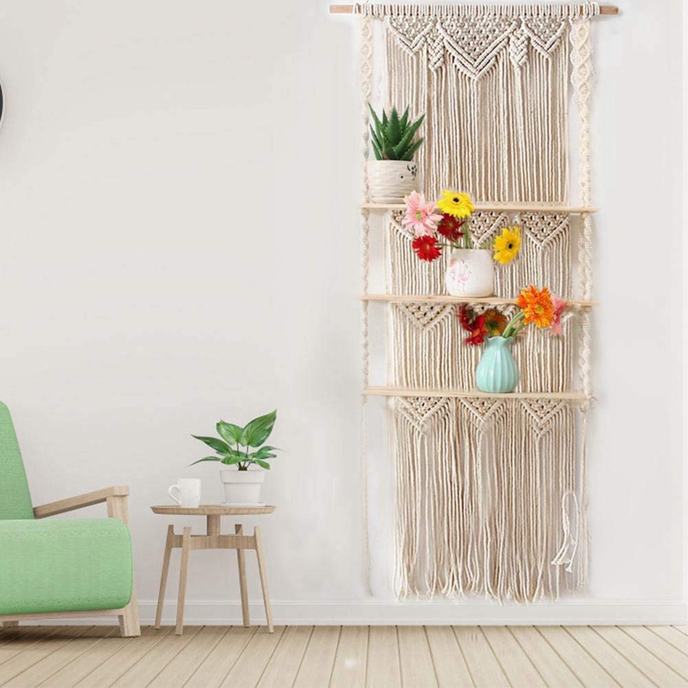 Jevina Boho Makramee Wandbehang Regal 3 Tier Handgefertigte Gewebte Quaste Organizer Regale Wand Schwimmende KleiderbüGel für Wohnkultur