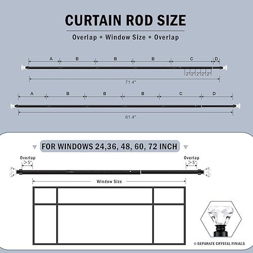 Miniatura 4 de Orger Barra de cortina de cristal mate negro para ventana de 30 a 80 pulgadas, barra de cortina ajustable con diseño de diamante, barra de