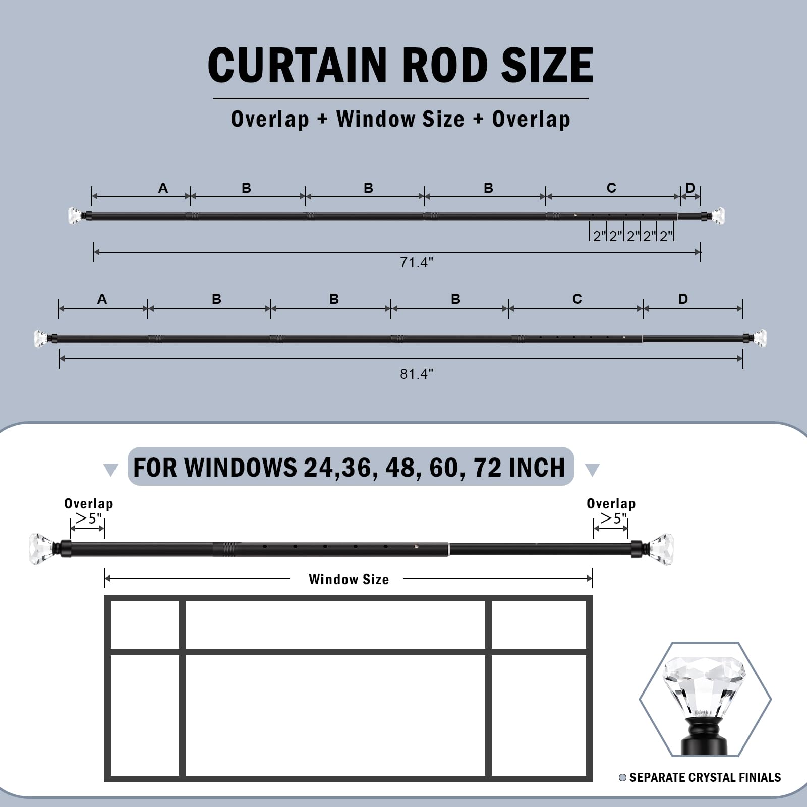 Orger 2,5 cm Diamant Gardinenstange 2 Stück Teleskop für Fenster von 30 bis 80 Zoll Schwarz Gardinenstangen Verstellbar Dekorative Einzel Gardinenstangen Set mit Modern Diamant Design