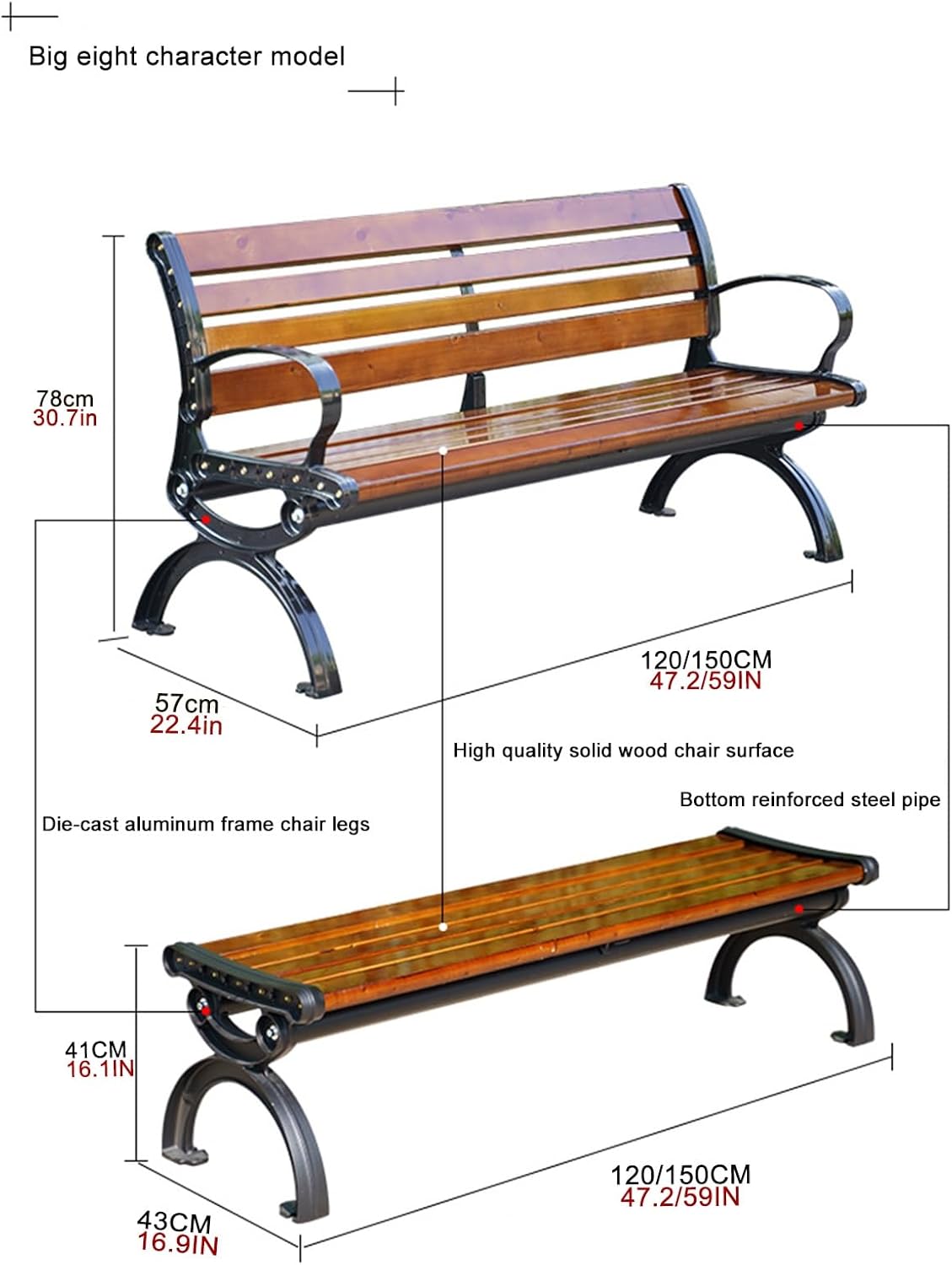 Outdoor Patio Bench, Wood Garden Bench with Armrests, 2-3Person Seat Bench with Backrest, Natural Oiled, for Park, Yard, Front, Porch, Path, Lawn, Work Entryway(59x22.4x30.7in)