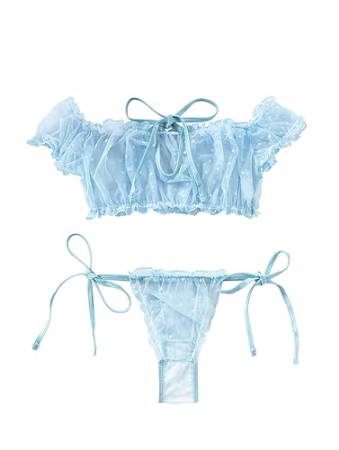 Stretch Ruffle Tie Sheer Mesh Lingerie Set Outfits - Polka Dot Light Blue