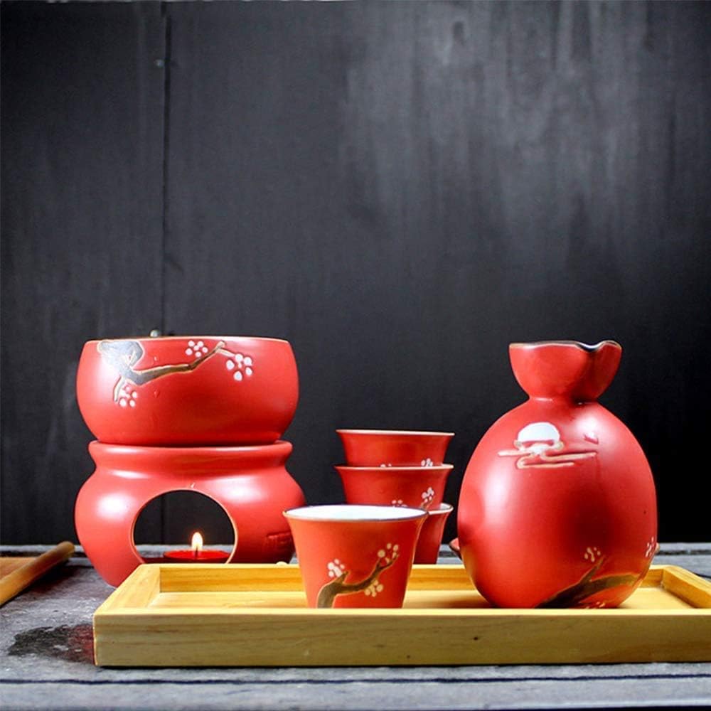 9 Pieces Sake Set Red Glazed Ceramic Wine Glasses Set with Warmer Pot and Candle Stove for Warm/Cold/Shochu/Tea Service Best Gift for Family and Friends
