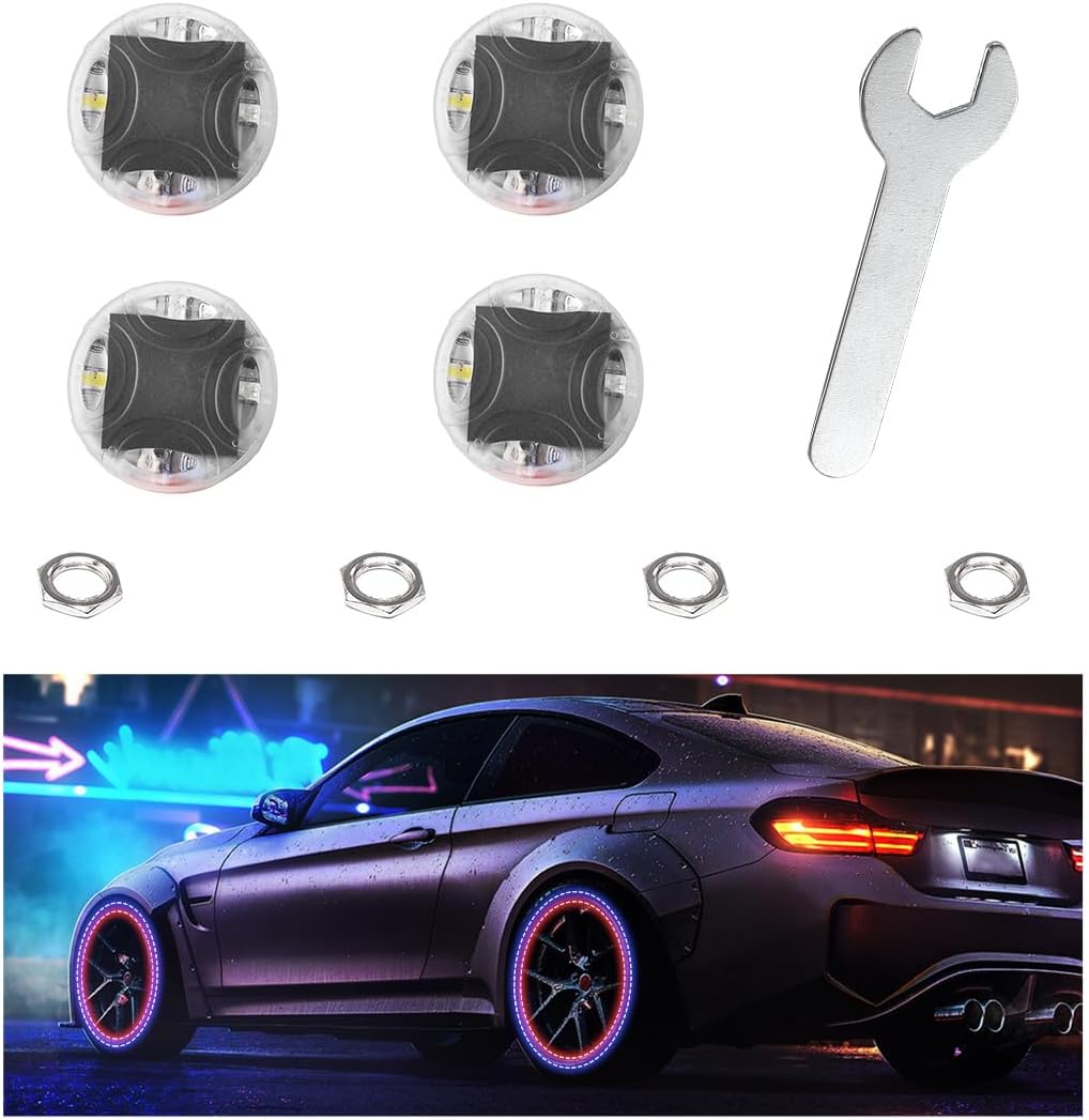 Wevdn 4 PCS Car Tire Wheel Lights, Colorful Solar LED Tire Valve Cap Lamp with Motion Sensor, Waterproof Flash Valve Stem Caps Lights for Cars, Truck, Bicycles, Motorcycles (4 PCS)