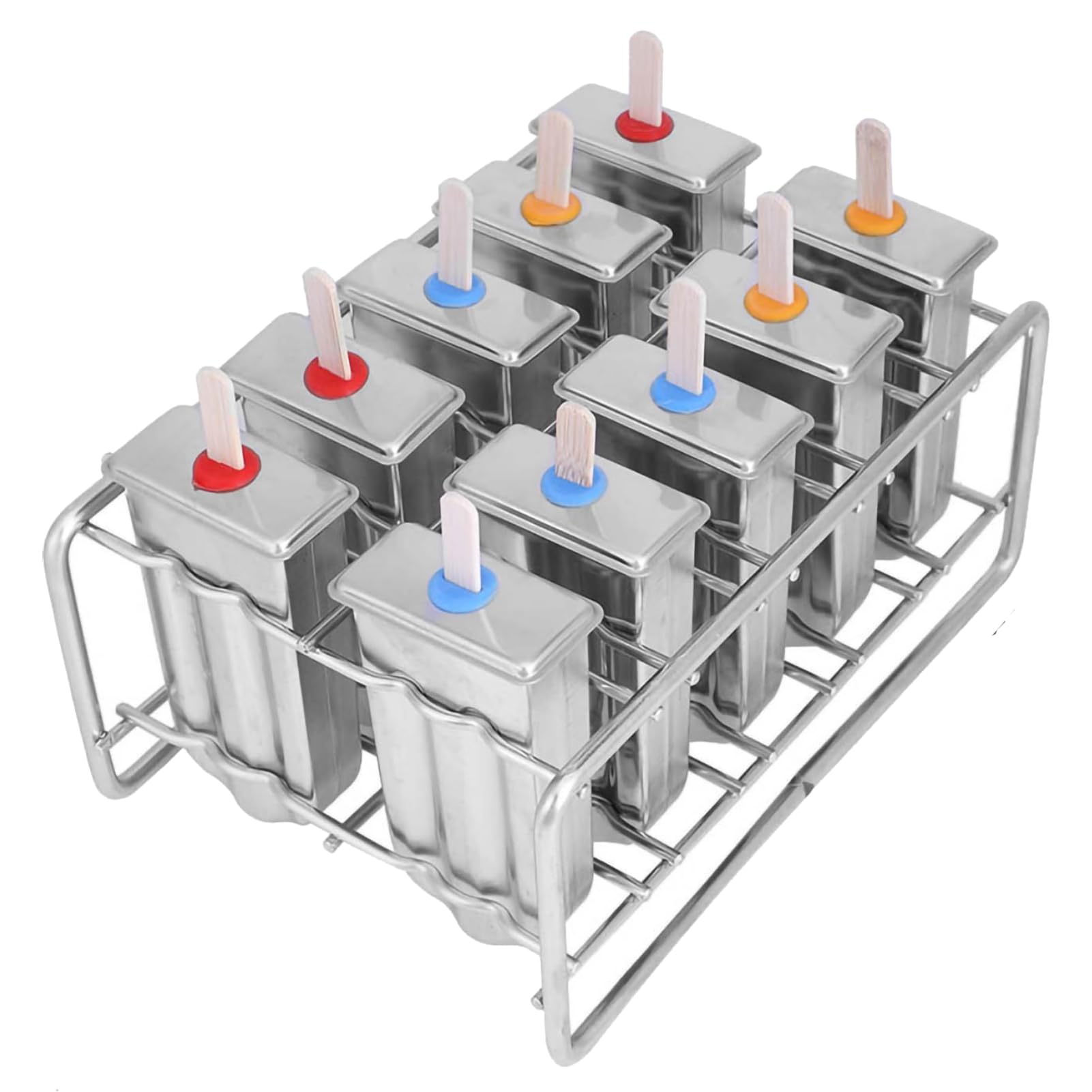 10 moules et support à sucettes glacées en acier inoxydable, moule à sucettes glacées en acier inoxydable avec support avec 100 porte-bâtons et sacs (Tête ronde)