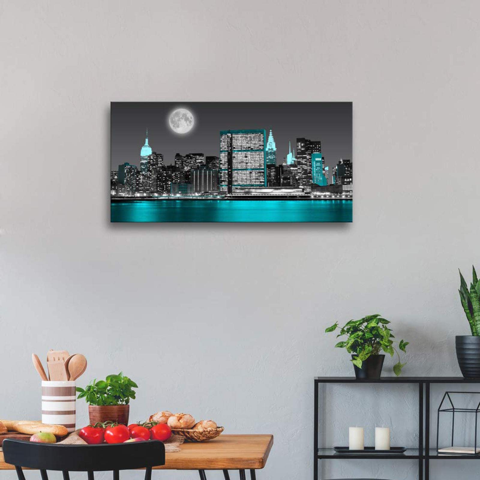Księżyc Empire State Skyline Budynek miejski Krajobraz Obrazy panoramiczne na płótnie-Natura Plakat Sztuka Druki - Płótno Sztuka ścienna Wydruk do salonu Dekoracja 80 x 160 cm (32 x 63 cale) bez ramy