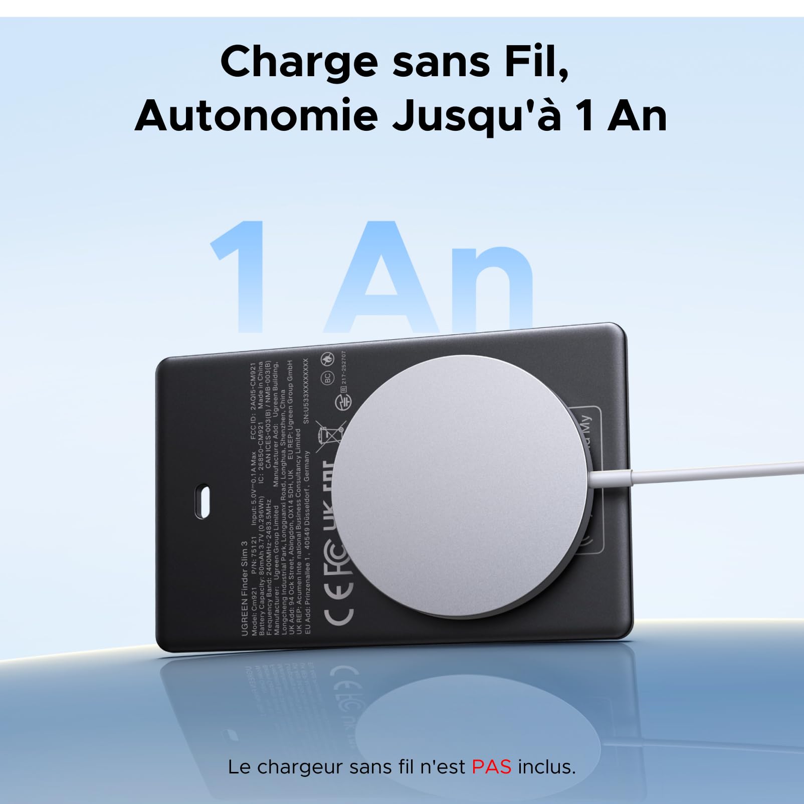 UGREEN FineTrack Slim Traceur Recharge sans Fil Finder Tag Traqueur Bluetooth Compatible avec Apple Find My (iOS Uniquement) Localisateur Objet Étanche IP68 pour Portefeuille Valise