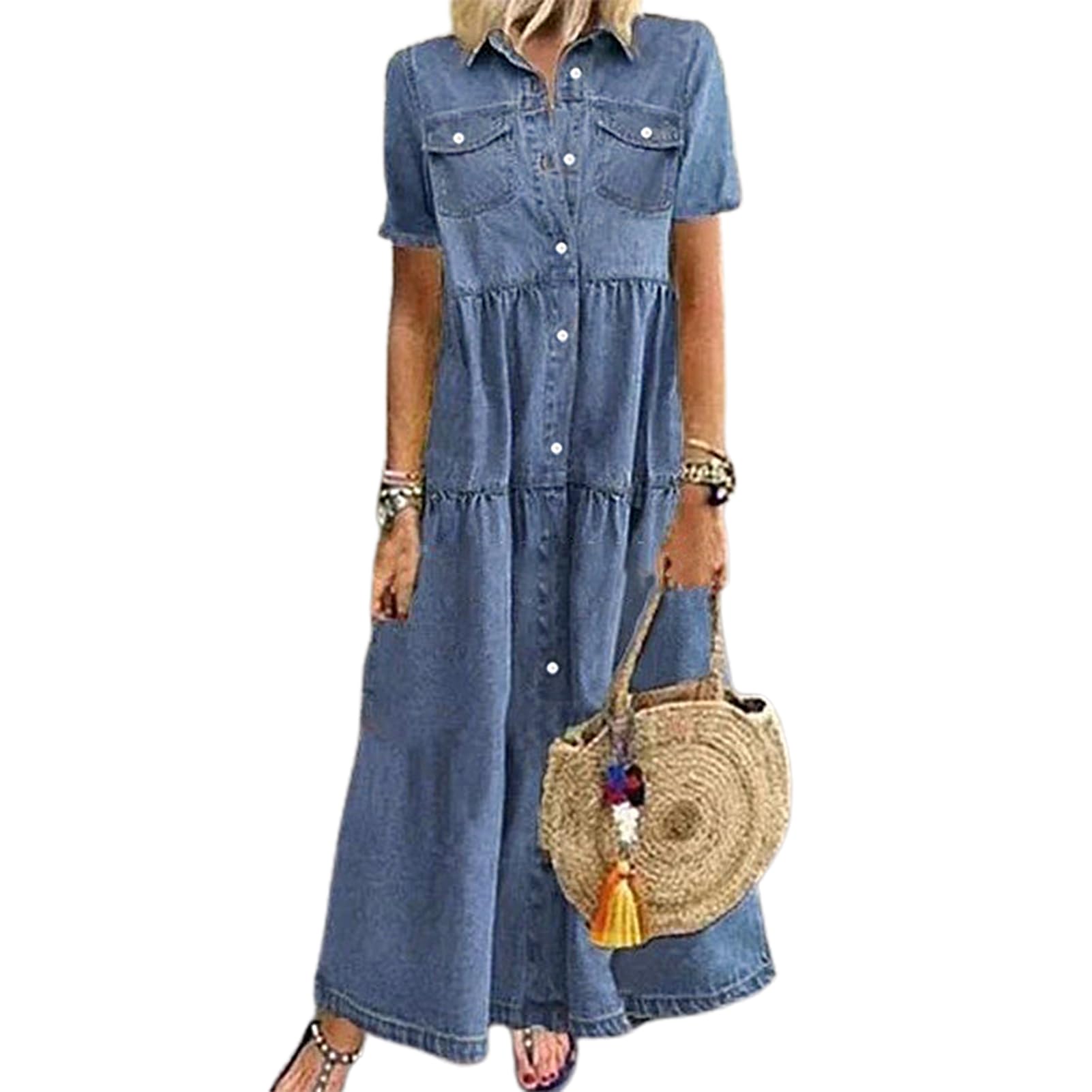Walbest Retro Women Denim Shirt Dress, Summer Casual Short Sleeve Turn Down Collar Pockets Button Long Loose Dress