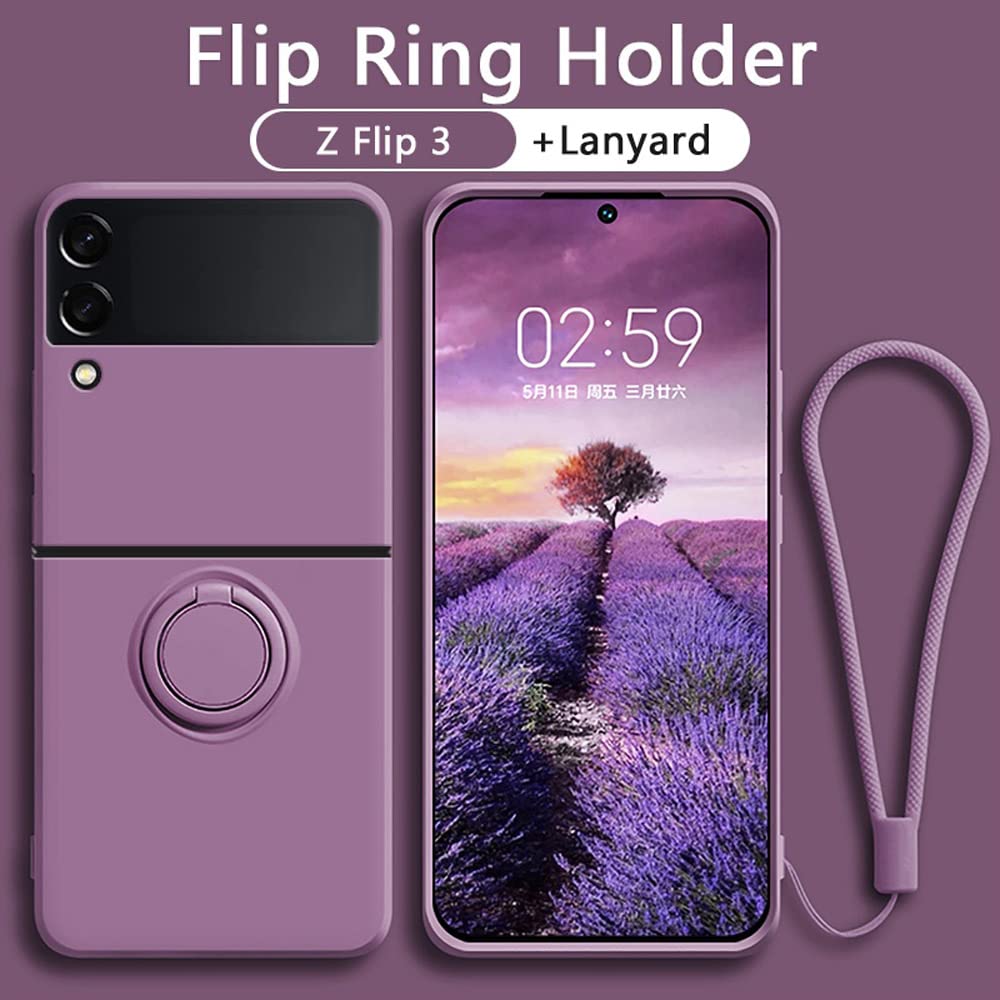 Keyihan Cover Compatibile con Samsung Galaxy Z Flip 4 con Supporto Anello a 360°Lanyard Cinturino da Polso Silicone liquido morbido Custodia Antiurto AntiGraffio Flessibile Slim (Sakura Purple)