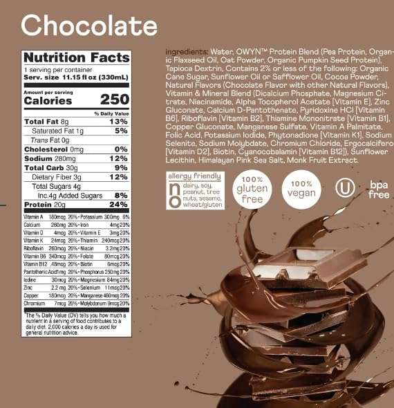 OWYN Plant-Based Complete Nutrition Protein Shake, Chocolate, 20g plant based protein, 23 Vitamins Minerals, Vegan Nutritional Shake, Gluten, Soy, and Tree Nut-Free (Chocolate, 12 pack) - Image 5