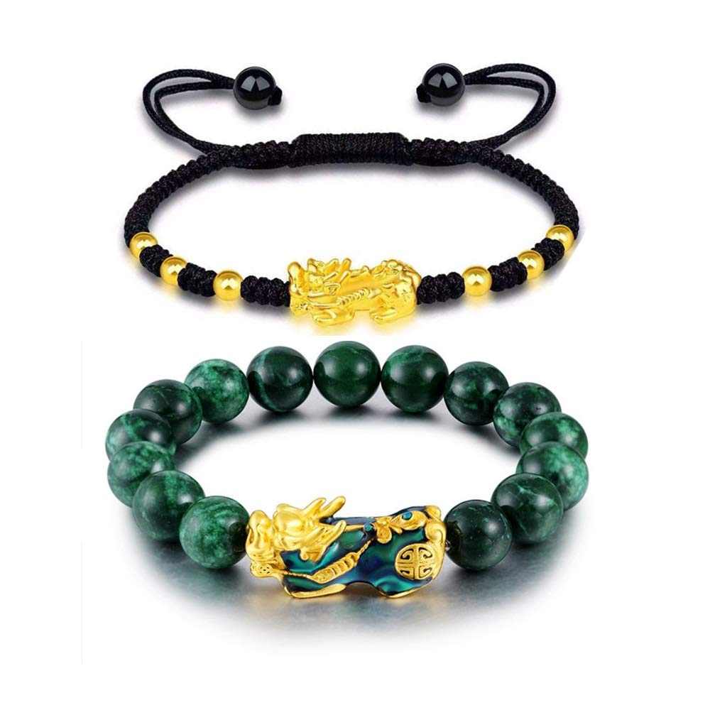 Caiyao2pcs Pixiu Green Jade Natural Stone Change Color Elastic&Braided String Rope Bracelet Brave Troops Lucky Wealth Bracelet for Women Men Gift