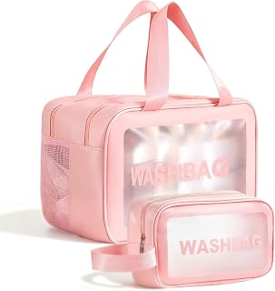 2Pcs Cosmetic Bag Large Small Transparent Cosmetic Bag Women Portable Waterproof Cosmetic Bag Large Transparent PVC Makeup Bag for Women Men Pink