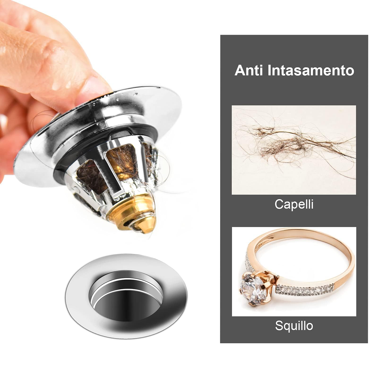 Tappo Universale Per Lavandino In Acciaio Inox, A Pulsante, Con Filtro Anti-capelli, Oro