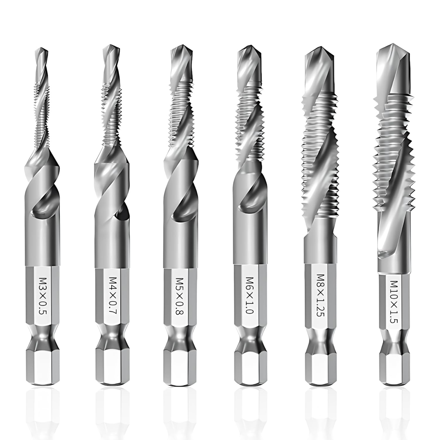 6 Pcs HSS Combination Drill and Tap Set, HSS Drill Bit Set for Metal M3 M4 M5 M6 M8 M10 Tap and Die Set 1/4" Quick Change Hex Shank Metal Stubby Drill Bits for Screw Tapping in Steel