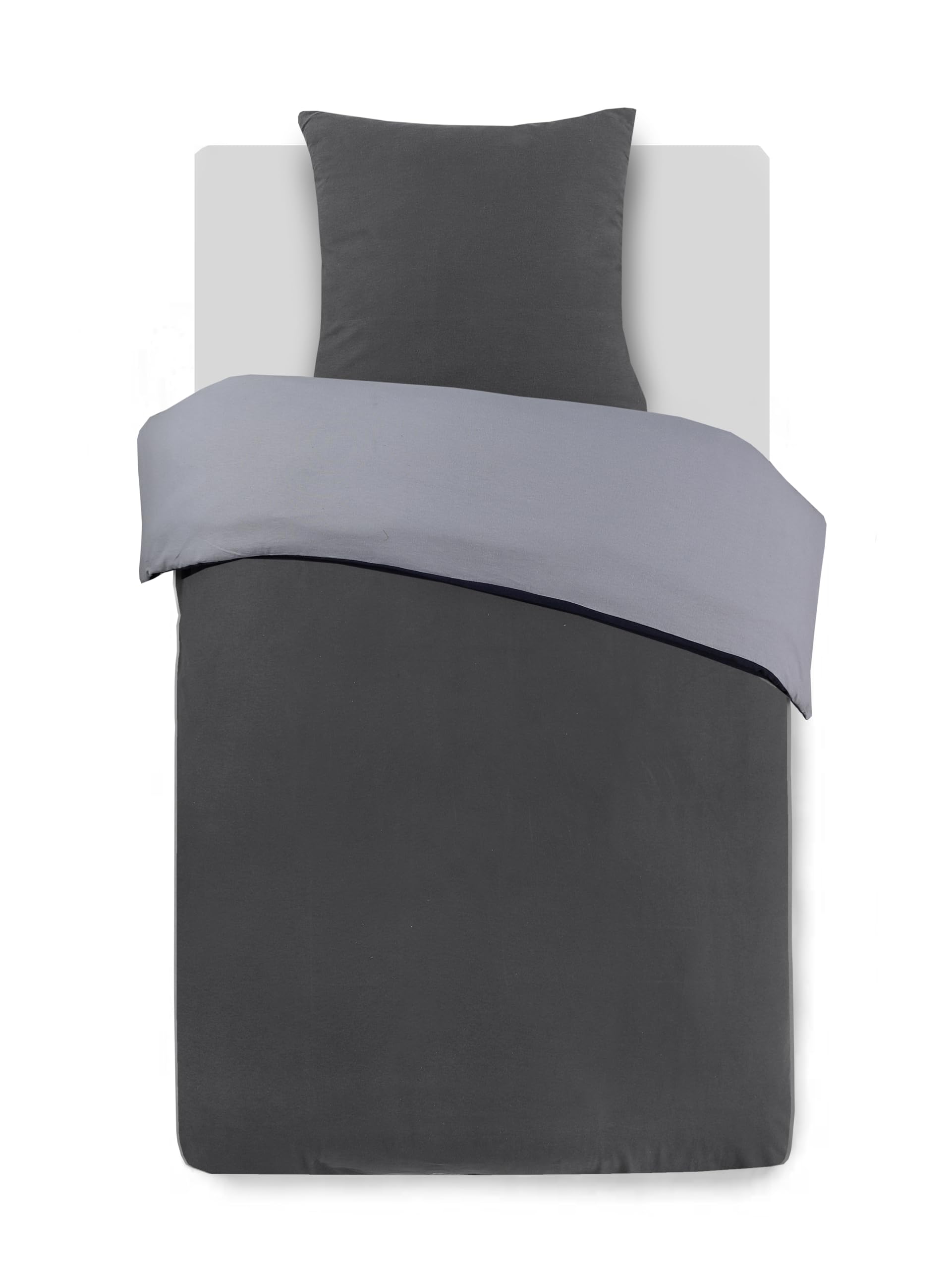 VISION Set di biancheria da letto in flanella, Antracite/Grigio, reversibile, copripiumino 140 x 200 cm, con 1 federa coordinata, 65 x 65 cm, 100% flanella di cotone