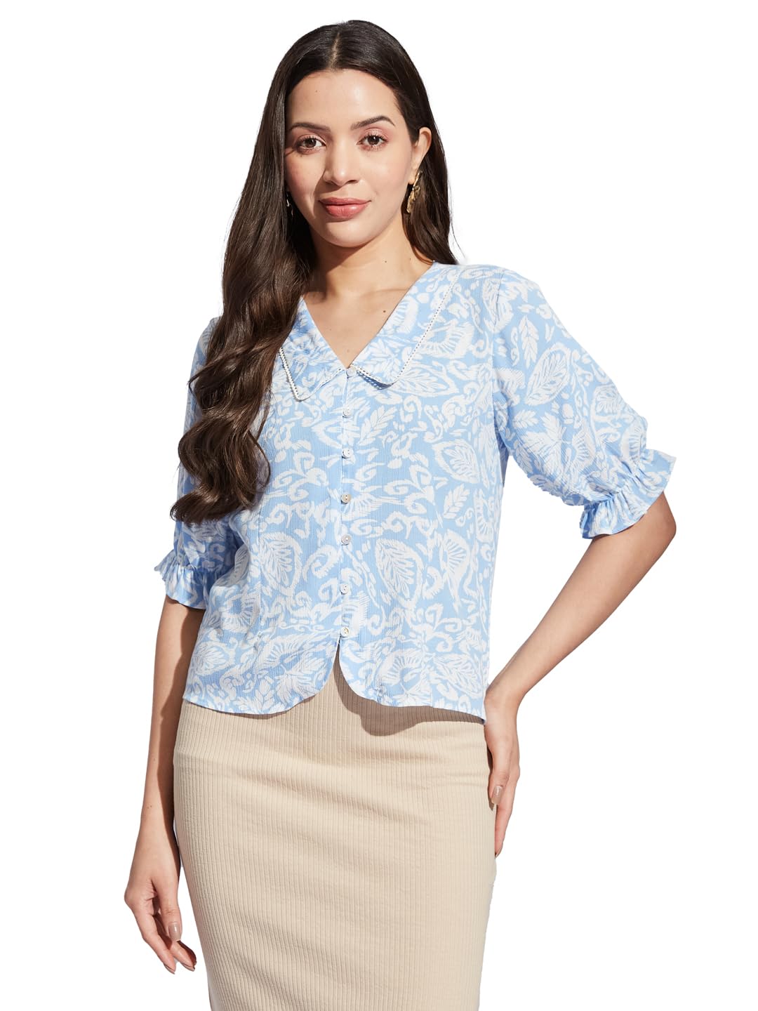 latin quarters Women Blue Collared Half Sleeves Printed Shirt Blouse for Casual Wear-picture-35