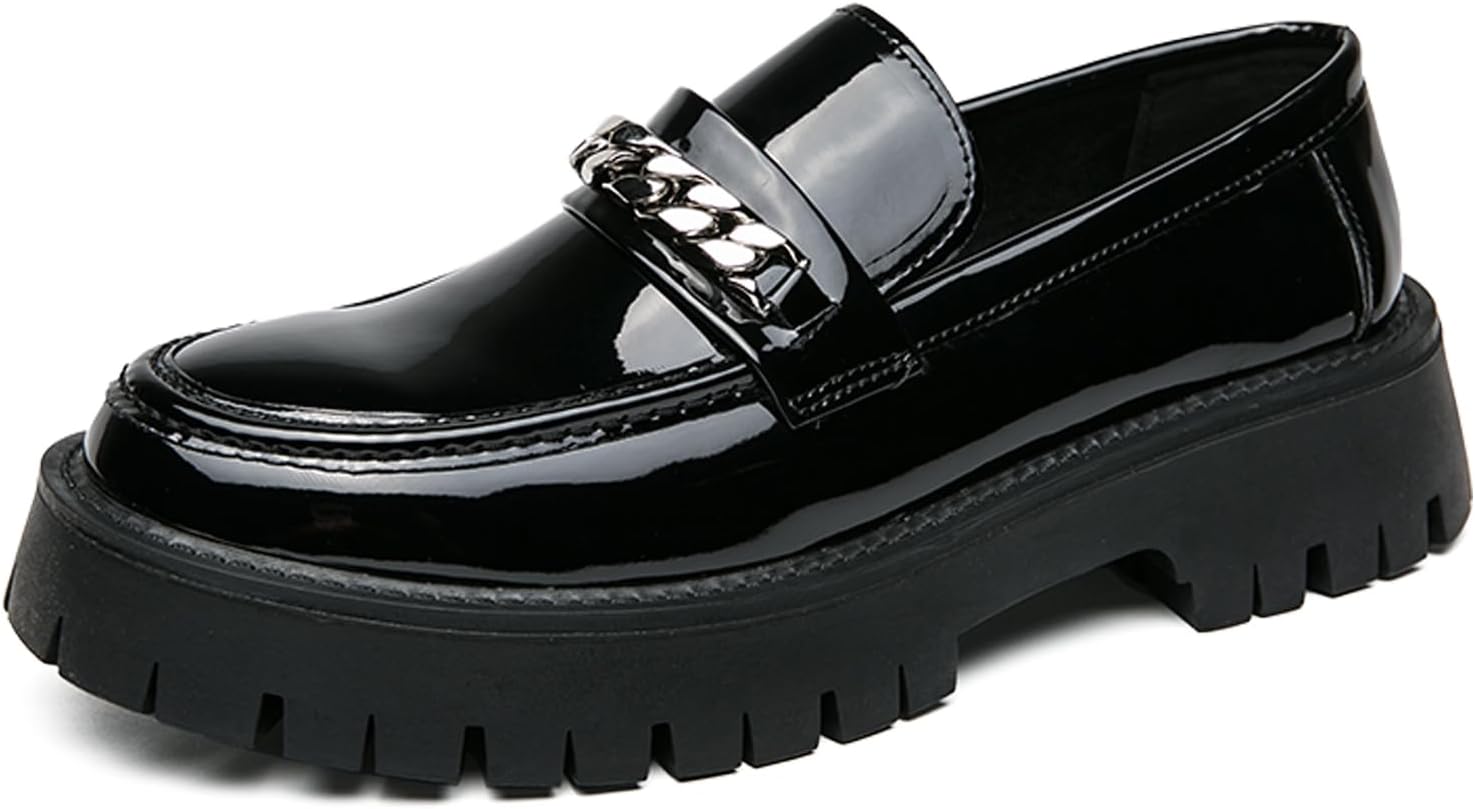 Men's Patent Leather Platform Loafers Round Toe Metallic with Chain Casual Formal Work Shoes Non-Slip Lug Sole Slip-On Penny Loafers