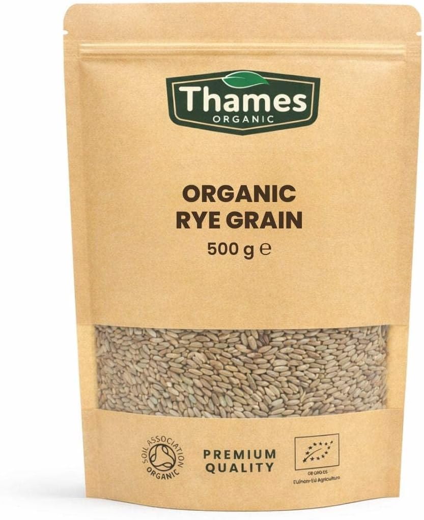 Organic Rye Grain - Whole Grain, No Additives or Preservatives - Vegan, Raw, GMO-Free, Certified Organic - Nutritious and Flavorful - Ideal for Baking, and Cooking - Thames Organic 500g