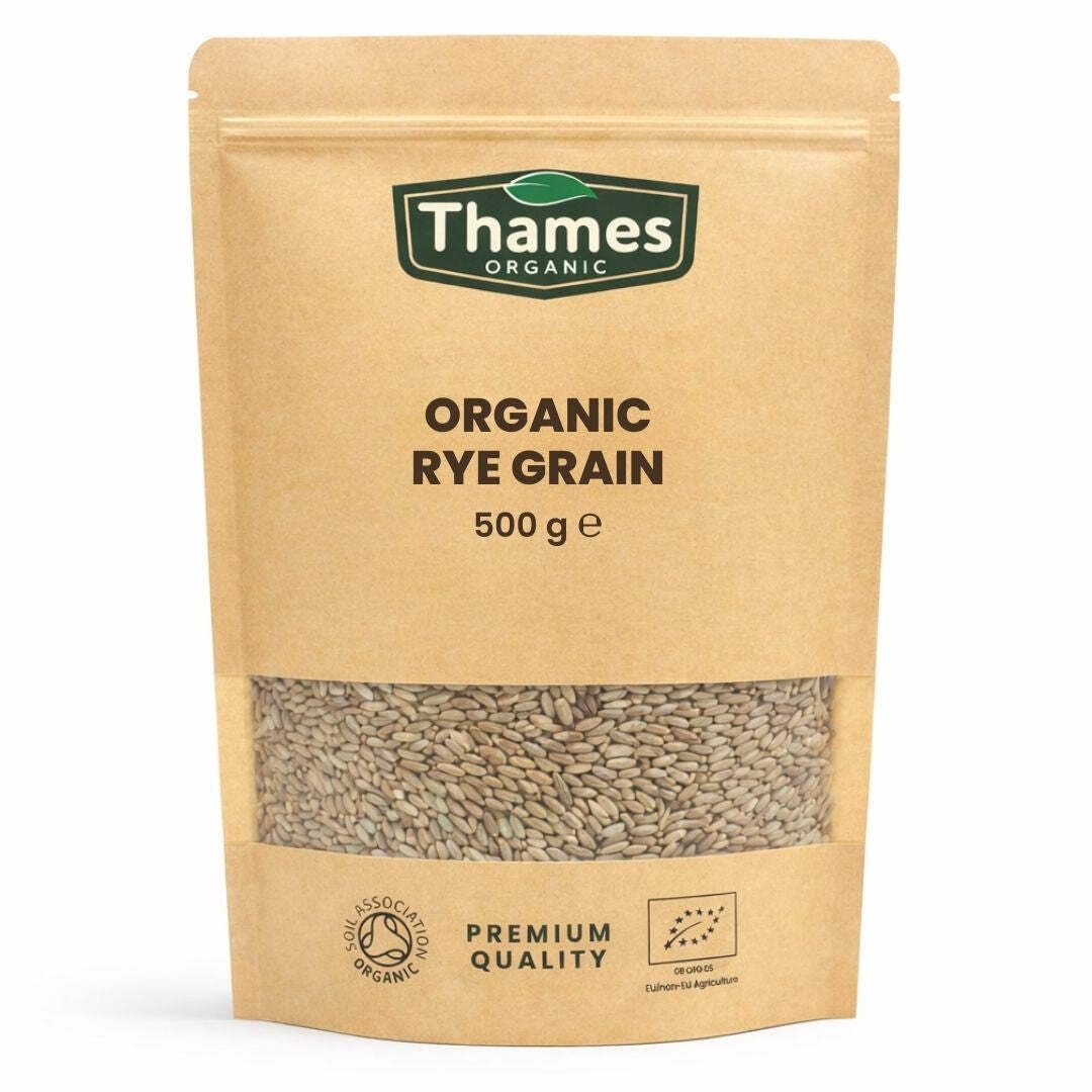 Organic Rye Grain - Whole Grain, No Additives or Preservatives - Vegan, Raw, GMO-Free, Certified Organic - Nutritious and Flavorful - Ideal for Baking, and Cooking - Thames Organic 500g