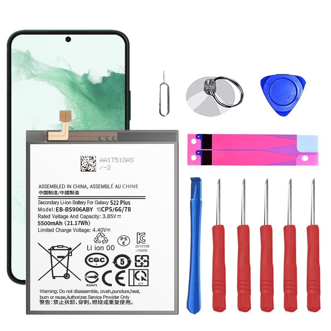 Galaxy S22 Plus Battery,5500mAh EB-BS906ABY Replacement Battery for Samsung Galaxy S22 Plus 5G SM-S906U S906B S906W S906N with Tools