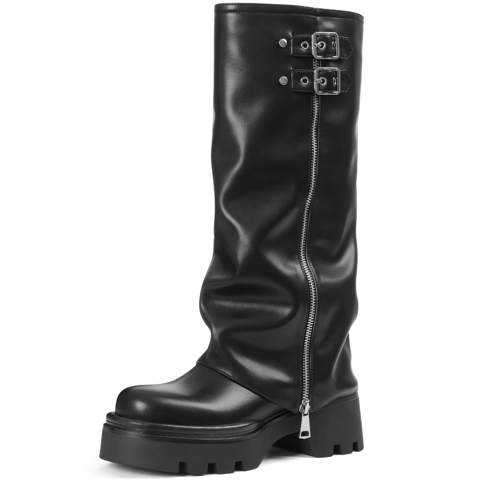 Womens Knee High Fold Over Boots Chunky Platform Lug Sole Comfortable Leather Round Toe Goth Moto Combat Dress